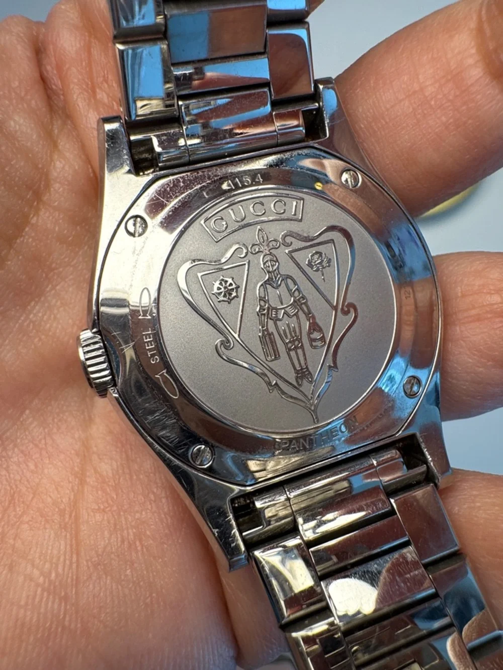 Gucci Pantheon Silver Watch with White Dial and Diamond Bezel